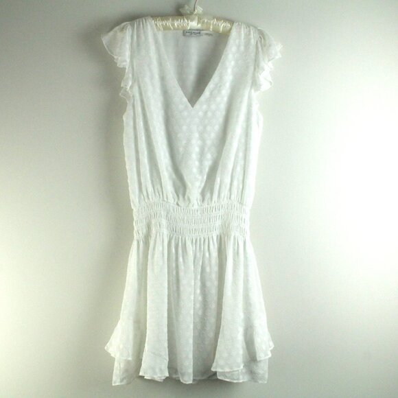 Ramy Brook Simona White Swiss Dot V-Neck Ruffle Trim Smocked Waist Mini Dress S - Picture 2 of 7